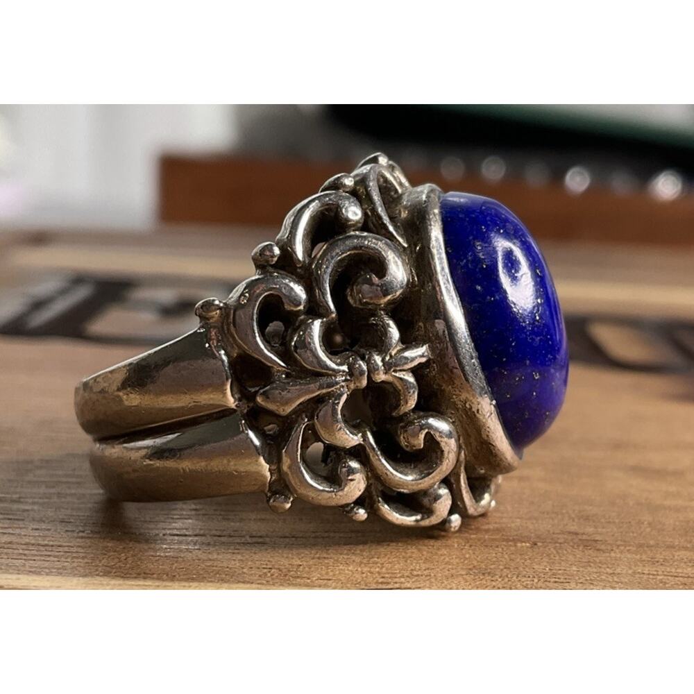 Vintage Lapis Lazuli Sterling Silver Ring Thailand J Filigree Statement Size 7.5 - Picture 2 of 8